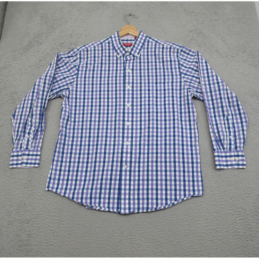 IZOD Gingham Check Shirt Men L Blue Purple Casual Preppy Ivy League Country Club